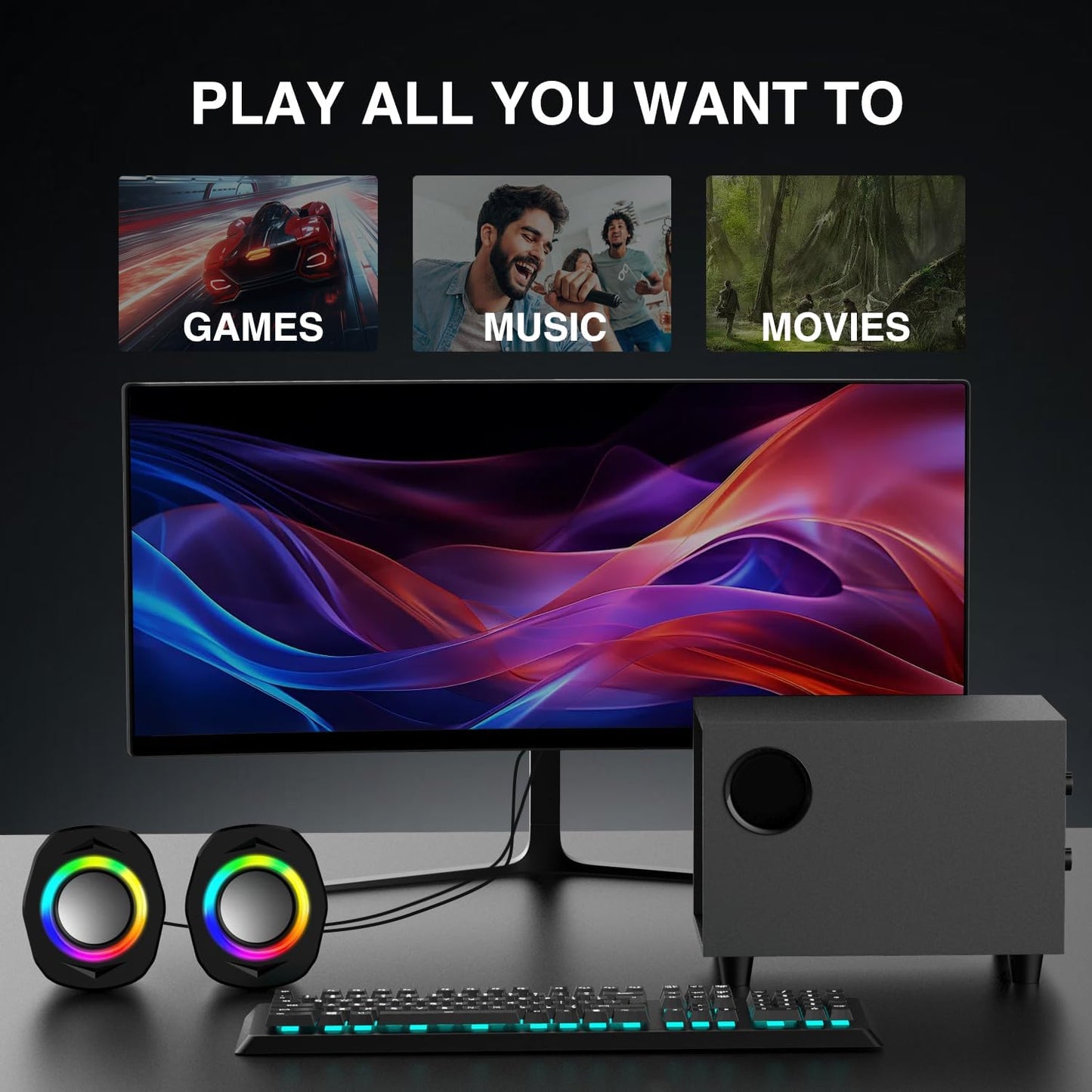 Elimavi Computer-Lautsprecher 2.1 kabelgebundener Desktop-Lautsprecher mit RGB-Satelliten und Subwoofer