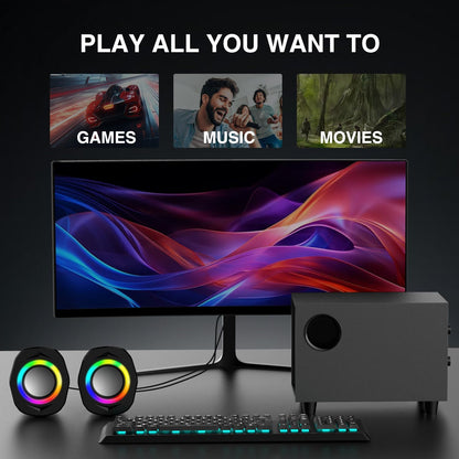 Elimavi Computer-Lautsprecher 2.1 kabelgebundener Desktop-Lautsprecher mit RGB-Satelliten und Subwoofer
