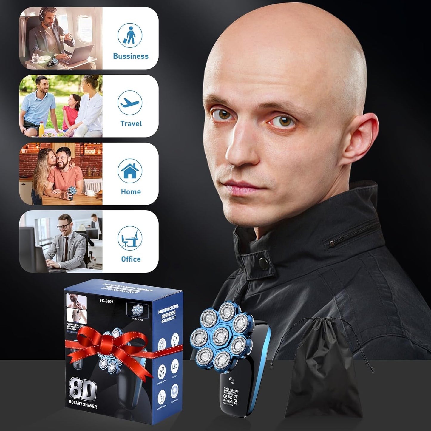 Head Shavers for Men, Upgrade 8D Rotating Electric Shavers for Bald Men Cordless Waterproof Wet & Dry USB Rechageable 99min Use Time LED Display Razor Bart for Home, Office, Travel Black