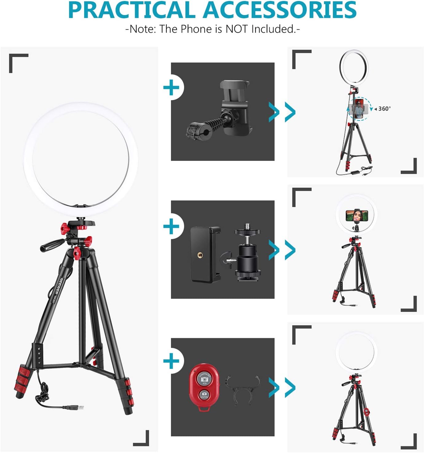 Neewer Anneau Lumineux LED 25,4 cm, Anneau Lumineux Selfie avec Support Statique, 3 Modes d'Éclairage, Anneau Lumineux à Intensité Variable avec Support Statique de 137,2 cm et Support Téléphone pour Streaming en Direct, Maquillage, Blog Vidéo YouTube