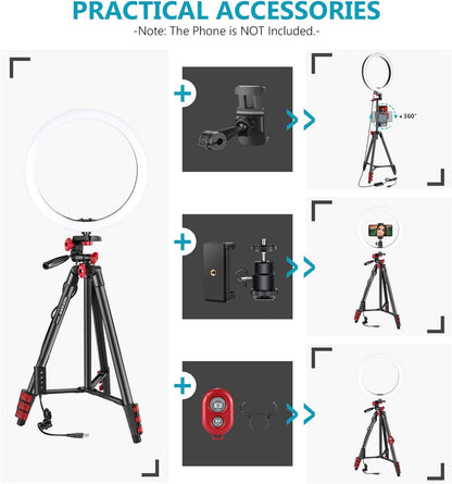 Neewer Anneau Lumineux LED 25,4 cm, Anneau Lumineux Selfie avec Support Statique, 3 Modes d'Éclairage, Anneau Lumineux à Intensité Variable avec Support Statique de 137,2 cm et Support Téléphone pour Streaming en Direct, Maquillage, Blog Vidéo YouTube