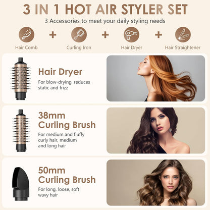 Warmluftbürste Rotierend Set, 3 in 1 Air Styler mit Föhnbürste, Warmluftbürste, Haartrockner Thermal Brush, Leistungsstarke Rundbürstenföhn Set zum Trocknen Glätten Formen (Schwarz)