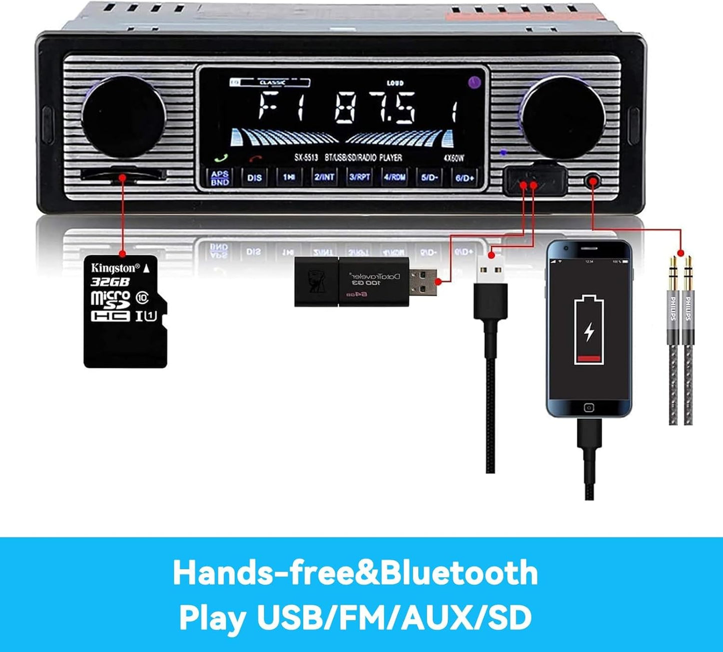 Oldtimer-Stereoanlage, Bluetooth-Autoradio, 2 Knöpfe, Einzel-DIN, 60WX4, FM, Freisprech-Autoradio, Oldtimer-MP3, AUX, USB, U-Disk-Audio mit Fernbedienung