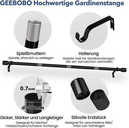Gardinenstange Schwarz 76-228 cm Vorhangstange Ausziehbar 19 mm Durchmesser für Schlafzimmer, Wohnzimmer oder Küche von GEEBOBO