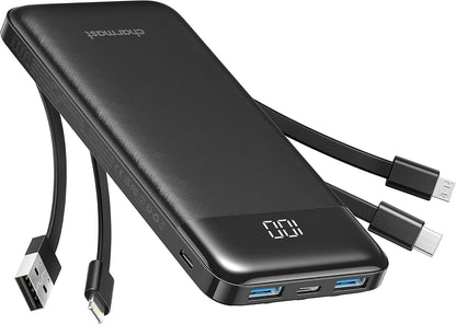 Charmast Power Bank, Slim 10000mAh Powerbank mit Kabel USB C und LED-Display, 6 Ausgängen Klein Aber Stark Externe Handyakkus Kompatibel mit iPhone 16 15 14 13 12 11 Pro Max Plus Huawei Samsung Tablet