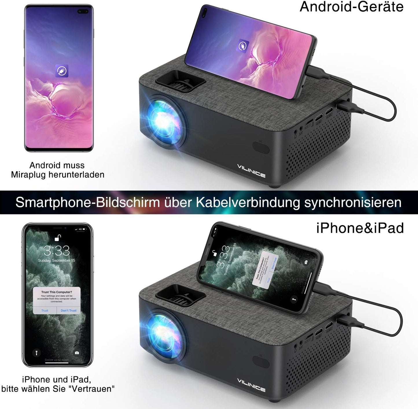 VILINICE Mini Beamer Heimkino Beamer Full HD, WiFi Projektor mit 6000 L unterstützt 1080P Multimedia 240", Video Beamer LED kompatibel mit TV Stick, HDMI, SD, AV, VGA, USB, PS4, Smartphone