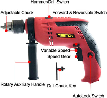 TEETOK Bohrhammer mit Schnur, 650W, Schlagbohrer, variable Geschwindigkeit, elektrische Kabel Bohrer, ohne Kofferset