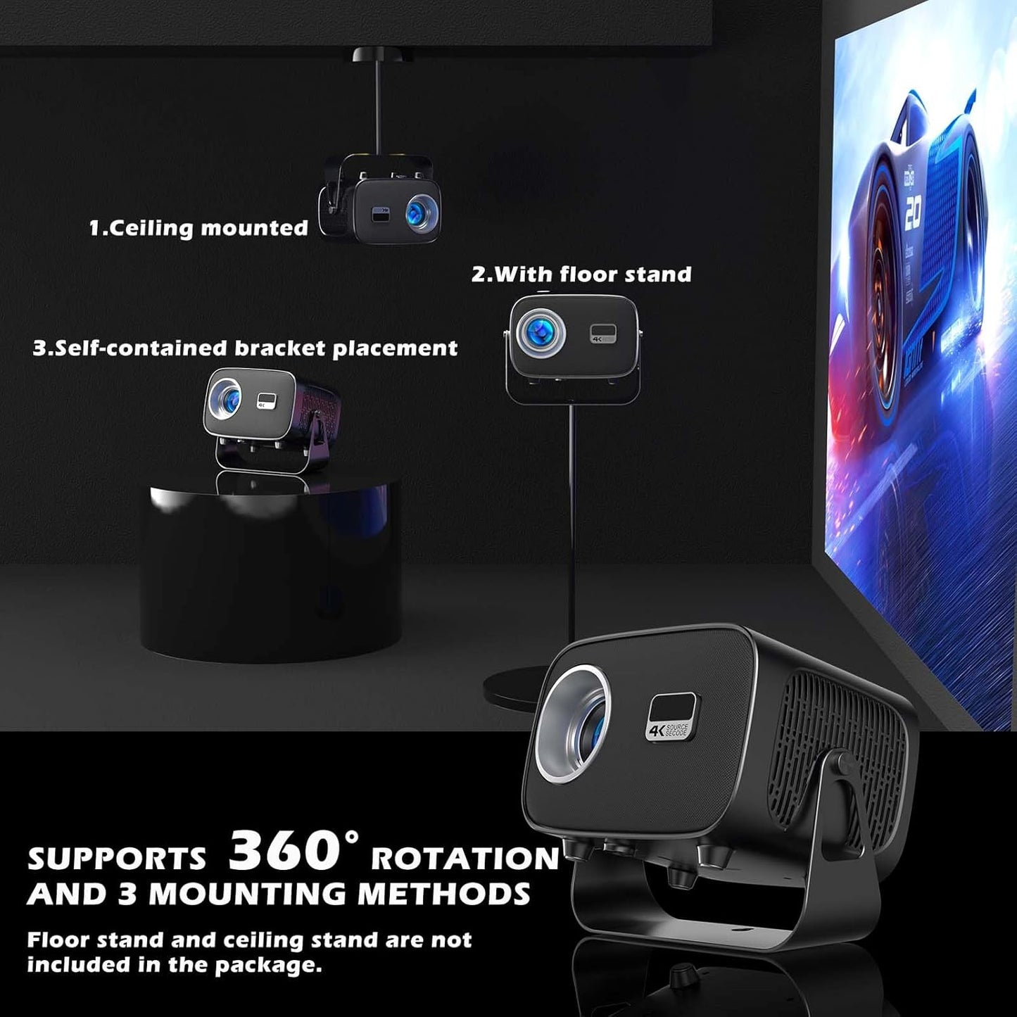 Mini-Projektor 4K, tragbarer Smart-Projektor mit 5G-WLAN und Bluetooth, TV-Projektor für Schlafzimmer, Heimkino, Video-Filmprojektor für Android-Telefone im Freien, 1080P, 15000LM
