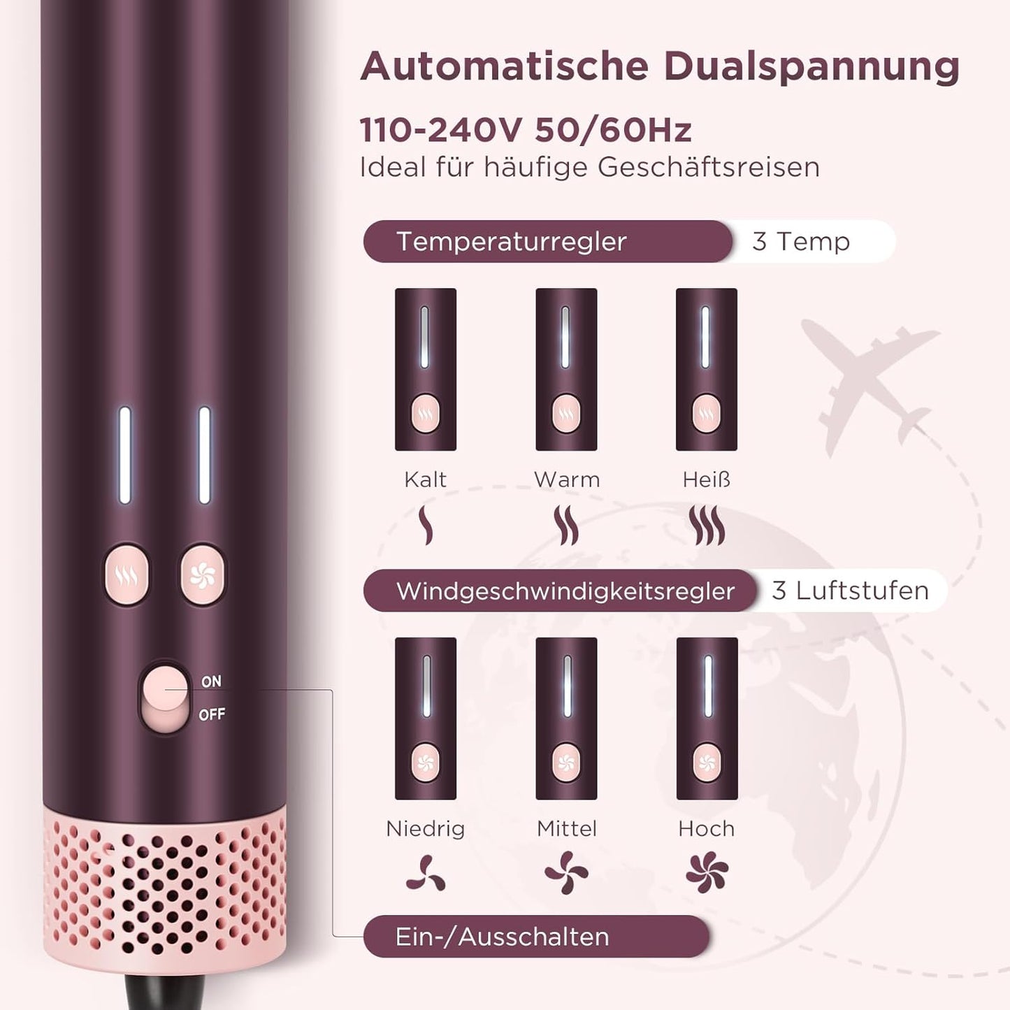 7 in 1 Airstyler, PARWIN PRO BEAUTY MaxAIR 2.0 Multi-Styler Set, Auto-Wrap Lockenstab, Geringere Hitzeschäden Glätteisen, 110000 U/Min Föhn, Volumenbürste, Styling, Glättung Pinsel, Jasper Plum