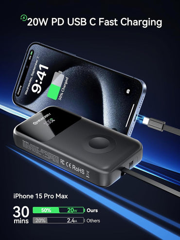 NEWDERY Powerbank für Apple Watch & iPhone Ladegerät 20000mAh Drahtloses Ladestation Power Bank, Schnelles Laden Externes Akkupack tragbarer Reiseakku für iPhone 15/14/13/12 Serie, iWatch Ultra/9-1