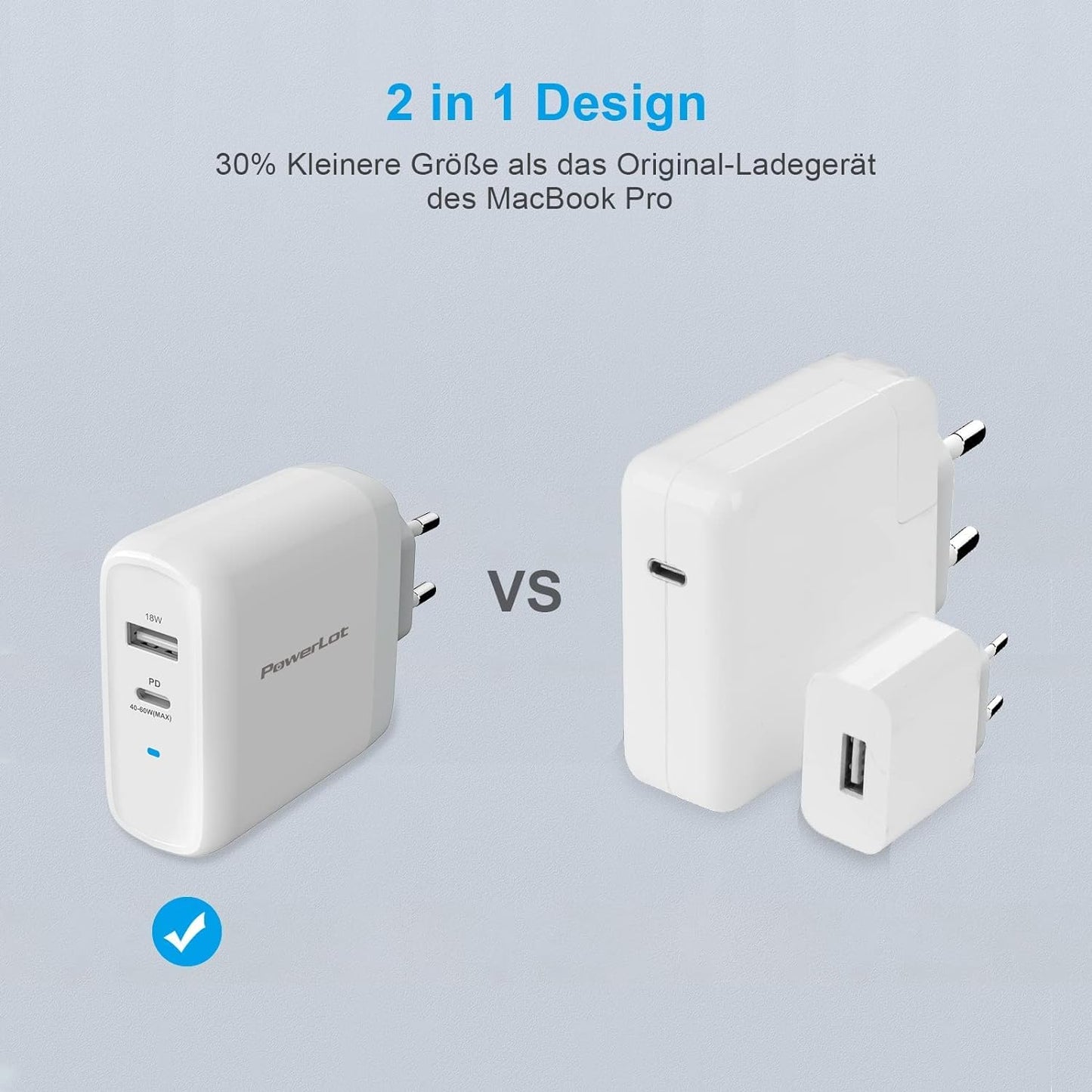 PowerLot 60W USB C Ladegerät mit GaN Tech PD 3.0 Netzteil, Schnellladegerät Kompatibel mit MacBook Pro, Lenovo, Surface, Dell XPS, Chromebook, HP, Laptop, iPad, iPhone 14 Pro Max, DJI Mini 3 Pro usw