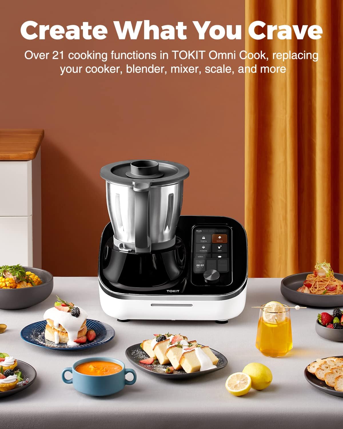 TOKIT Omni Cook Robot Robot de cuisine tout-en-1 avec 21 fonctions de cuisson, écran tactile intégré de 18 cm, Rezepten fonctionnel, Vorreinigung, Mahlen, Entsaften, Mixen, Wiegen, Sous Vide, Eiscrushen et plus encore