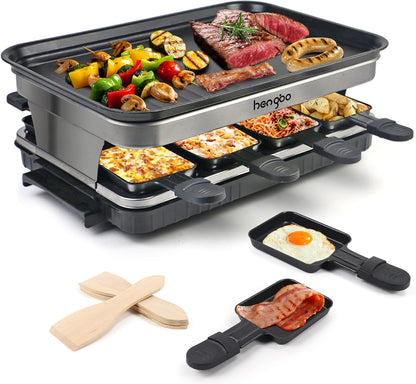 Raclettegrill 8 Personen Grillplatte Antihaftbeschichtet, Raclette mit 8 Mini-Raclettepfännchen &amp; 4 Holzspatel, Stufenlos regelbare Temperatur, 1500 W, Edelstahl