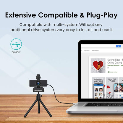 Webcam SAITOR 1080P avec microphone et protection des yeux, caméra Web Full HD pour ordinateur, PC, ordinateur portable, ordinateur de bureau, USB Plug and Play, étude de conférence, connexion vidéo, Skype