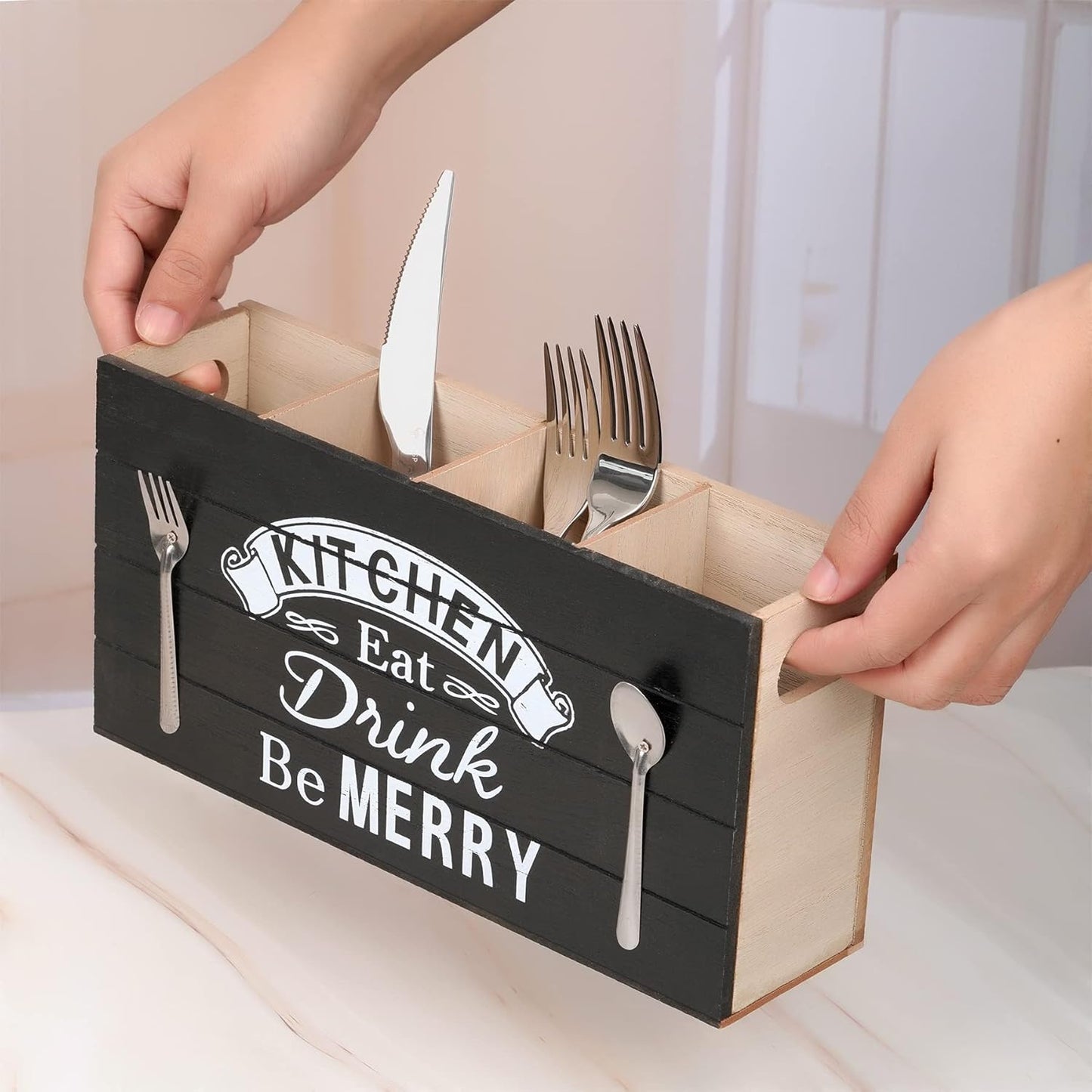 JAZUIHA Besteckkorb Tisch, 4 Fächer Holz Besteckhalter, Besteck Organizer Besteckbox Besteckkasten Utensilienhalter, Besteckstander für Workingplatte, Küchentisch, Schrank, Küche, Party, Schwarz