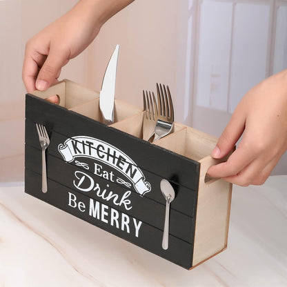 JAZUIHA Besteckkorb Tisch, 4 Fächer Holz Besteckhalter, Besteck Organizer Besteckbox Besteckkasten Utensilienhalter, Besteckstander für Workingplatte, Küchentisch, Schrank, Küche, Party, Schwarz