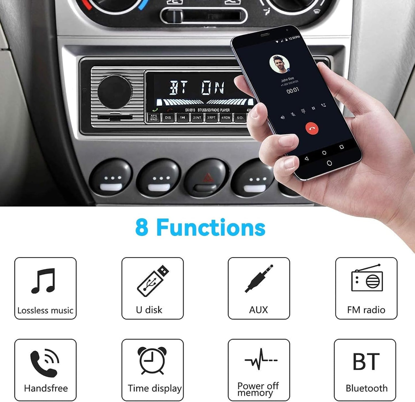 Oldtimer-Stereoanlage, Bluetooth-Autoradio, 2 Knöpfe, Einzel-DIN, 60WX4, FM, Freisprech-Autoradio, Oldtimer-MP3, AUX, USB, U-Disk-Audio mit Fernbedienung