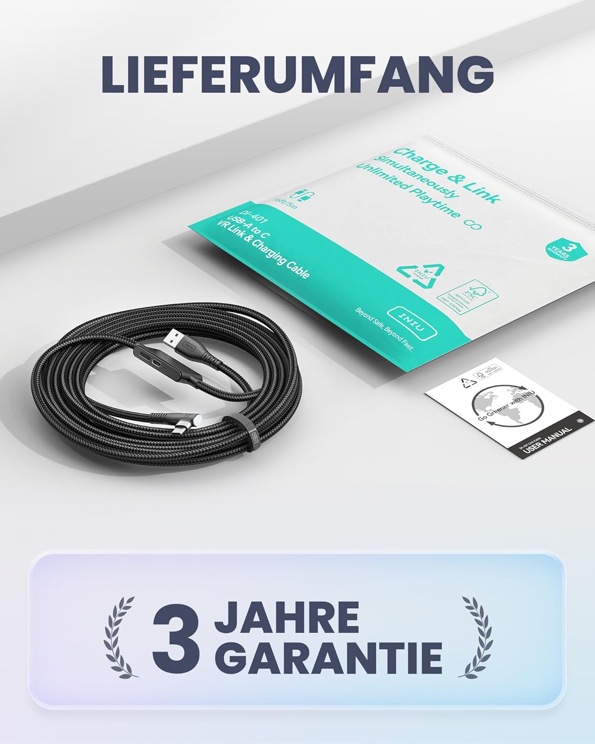 INIU Link Kabel mit Ladeanschluss [5m], Kompatibel mit Oculus Meta Quest 3/Quest 2/1/Quest Pro und Pico 4/PC Steam VR Zubehör, High Speed 2.5Gbs USB C Datenkabel PC zu PC für VR Headset Accessories.