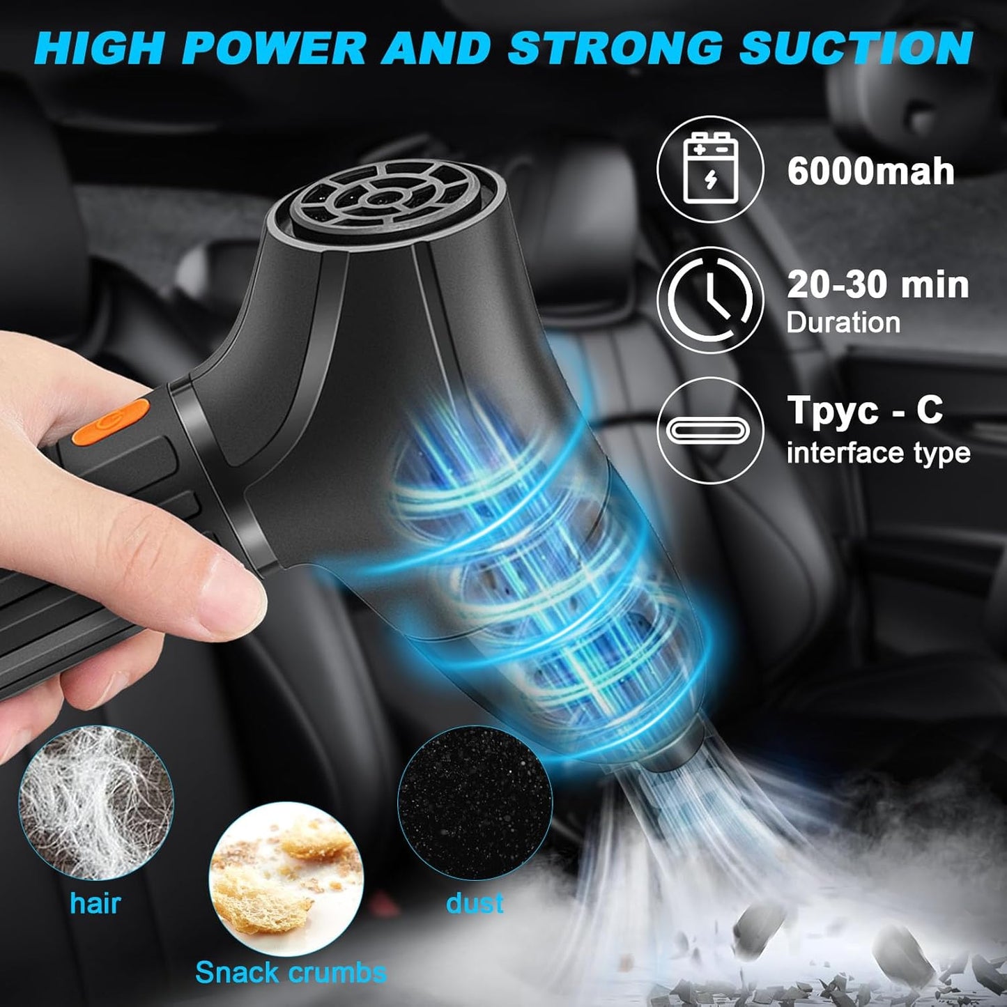 GZkedu Kabellos Handstaubsauger Akku, 18000Pa Typ-C Auto Staubsauger Kabellos, 2 in 1 Staubsauger & Gebläse, USB Aufladbar Tragbar Handstaubsauger für Auto Haus Küche Tierhaar Reinigung
