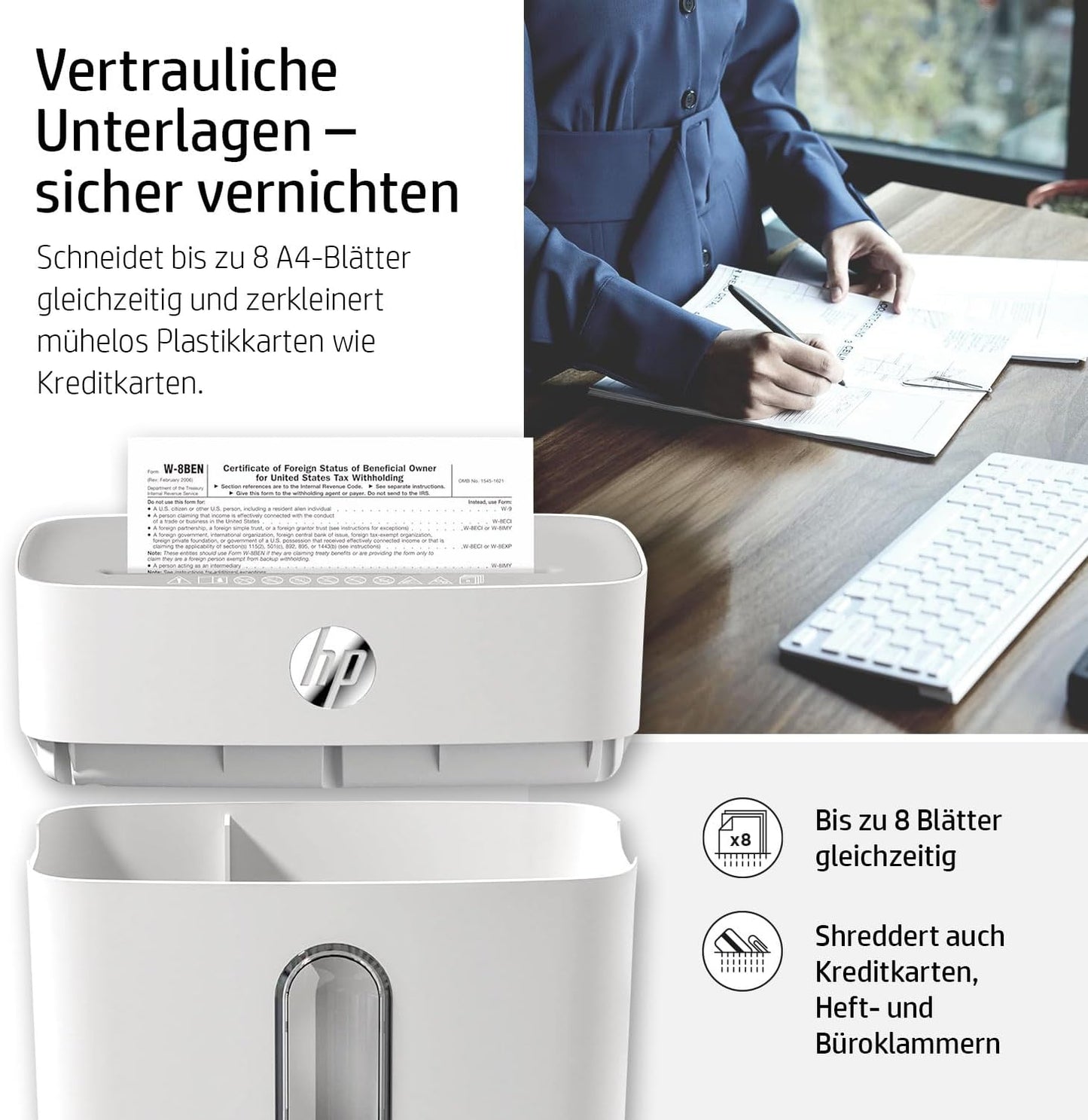 HP OneShred 8CC Aktenvernichter P-4 Security Kreuzschnitt 8 Blatt 2801 Partikelenschnitt
