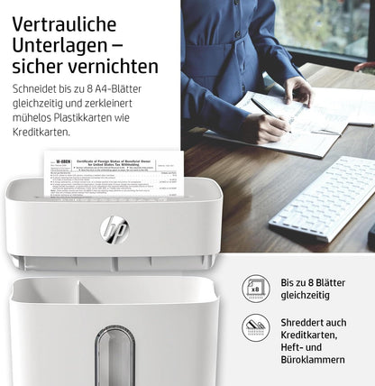 HP OneShred 8CC Aktenvernichter P-4 Security Kreuzschnitt 8 Blatt 2801 Partikelenschnitt