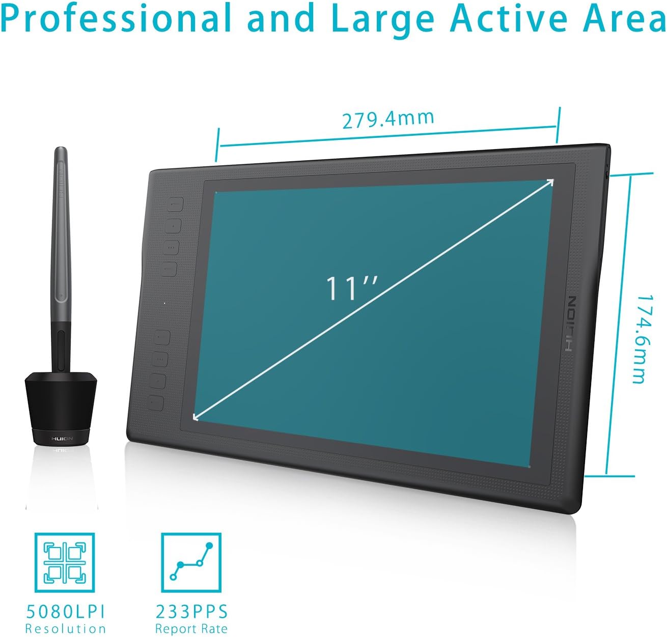 Tablette graphique HUION Inspiroy Q11K avec câble, capacité d'impression de 8 192 faches, 8 combinaisons tactiles réglables, 11 x 6,87 pouces, pour Mac et PC Windows.