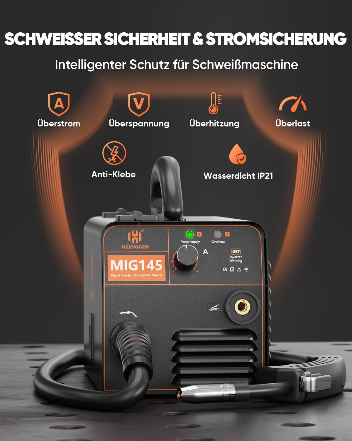 HZXVOGEN Fülldraht Schweißgerät ohne Gas, 145A Mini Schweissgerät mit Fülldraht, IGBT Inverter MIG Schweißgerät