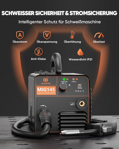 HZXVOGEN Fülldraht Schweißgerät ohne Gas, 145A Mini Schweissgerät mit Fülldraht, IGBT Inverter MIG Schweißgerät
