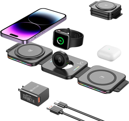 3 in 1 Magnetische Kabellose Ladestation, Mag-Safe ladegerät [Faltbar & Tragbar & Buntes Licht] Wireless Charging Ladepad für iPhone 14/13/12/11/XR/8 Serie,Samsung S22/21/20, iWatch, AirPods