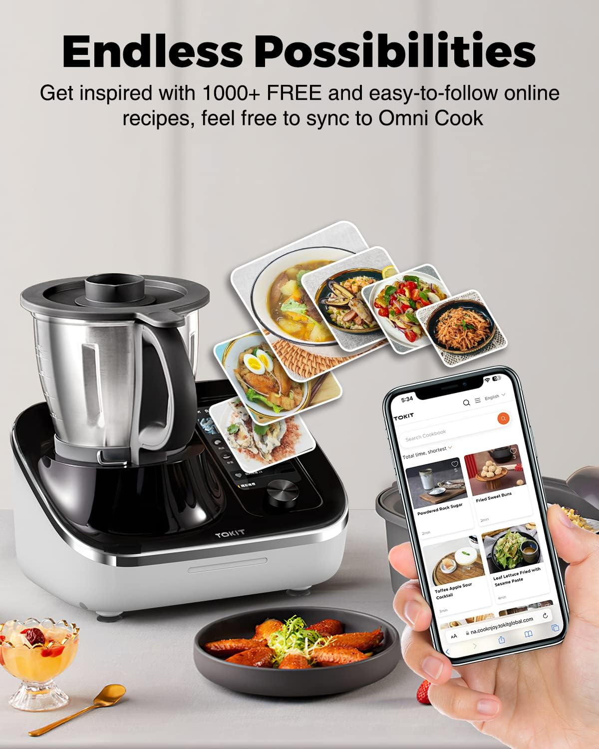 TOKIT Omni Cook Robot Robot de cuisine tout-en-1 avec 21 fonctions de cuisson, écran tactile intégré de 18 cm, Rezepten fonctionnel, Vorreinigung, Mahlen, Entsaften, Mixen, Wiegen, Sous Vide, Eiscrushen et plus encore