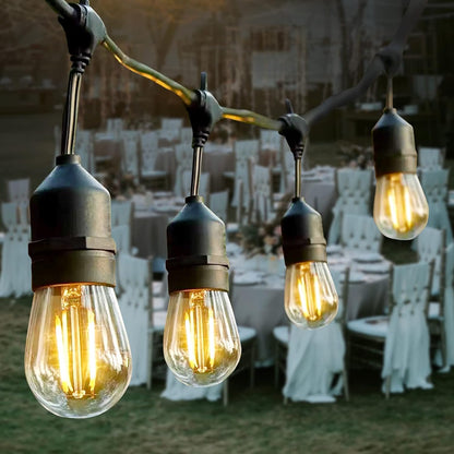 Ruinnykai LED-Lichterkette für draußen/innen, 10 m, 12 Fassungen, 12+2 Glühbirnen, dimmbar, E27, IP65, 2700 K, Warmweiß, 1 W pro Glühbirne