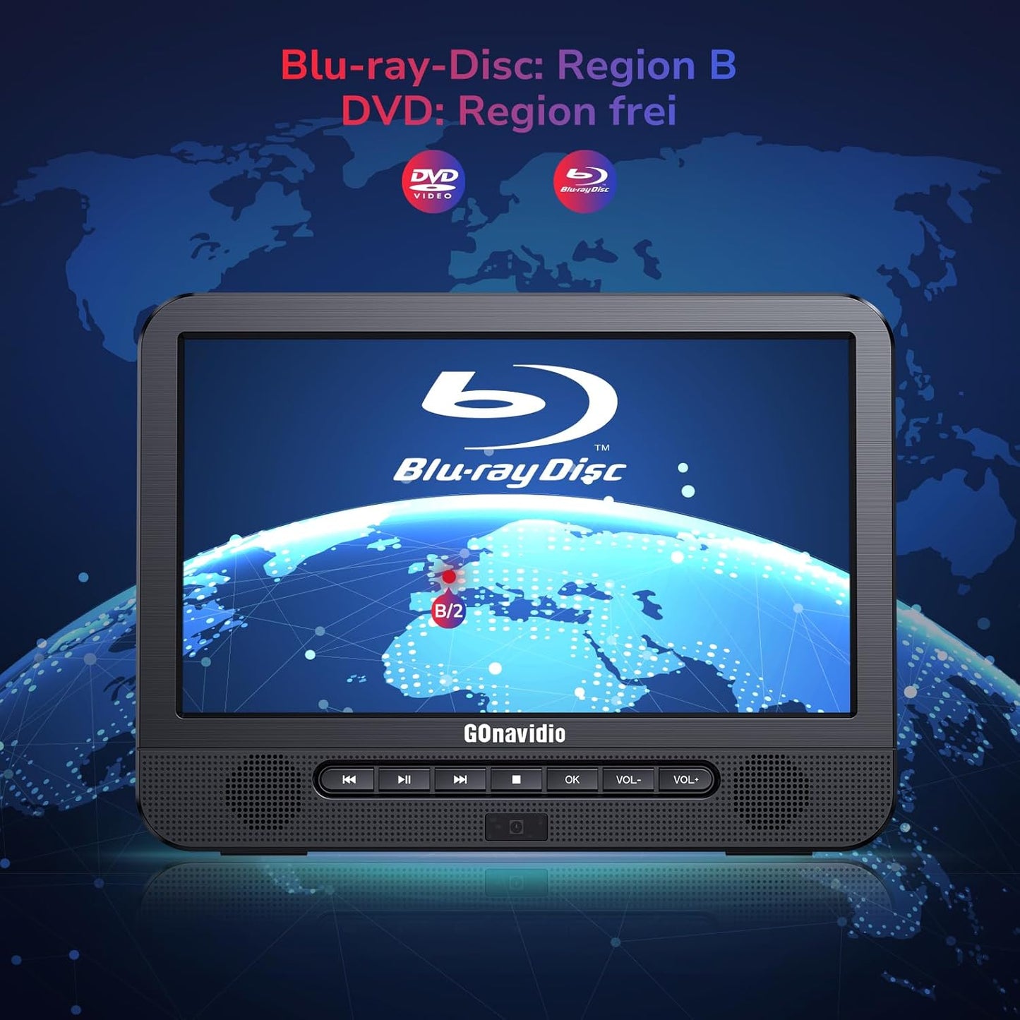 GOnavidio Blu Ray DVD Player Auto 2 Bildschirme 10,5" Mit 5 Stunden Akku HDMI-Ausgang, tragbarer Bluray DVD Player Auto Fernseher, Surround-Sound Effekt Mit AV IN- und AV Out-Funktion