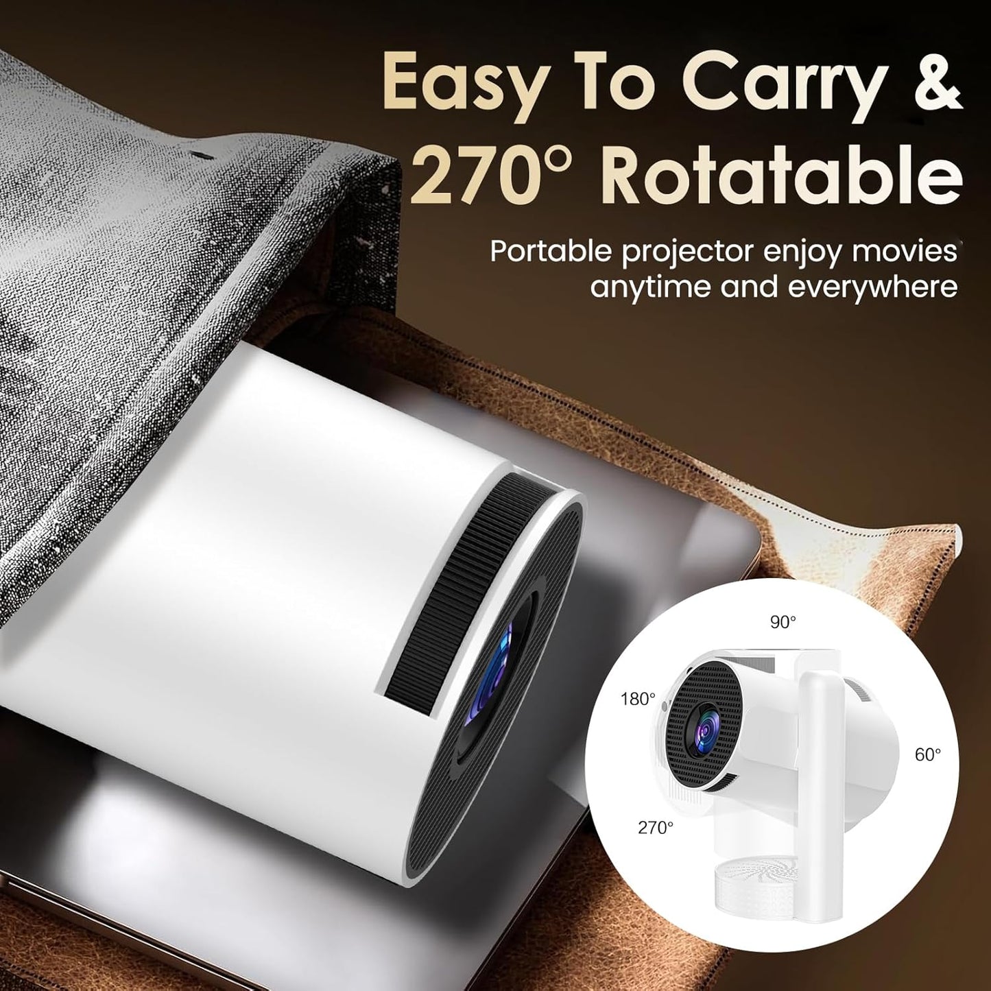 Mini Beamer Unterstützt FHD 4K 1080P, Projektor Tragbarer mit WiFi 6 und Bluetooth 5.4 Beamer Klein Kurzer Fokus 270° Drehen Auto Keystone Android 13.0 Kompatibel mit HDMI/TV Stick/Laptop/Memory Stick
