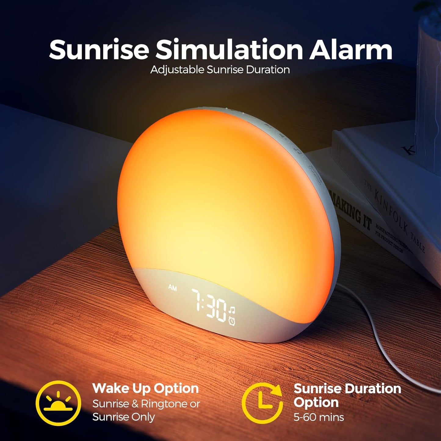 REACHER Sound Machine Sonnenaufgangswecker mit Nachtlicht, 26 von der Natur inspirierte Schlafgeräusche, 0-100% dimmbare Uhr, Sonnenaufgangslampe, Aufwachlicht, Braun/Rosa/Weiß Geräuschmaschine für