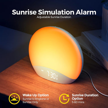 REACHER Sound Machine Sonnenaufgangswecker mit Nachtlicht, 26 von der Natur inspirierte Schlafgeräusche, 0-100% dimmbare Uhr, Sonnenaufgangslampe, Aufwachlicht, Braun/Rosa/Weiß Geräuschmaschine für