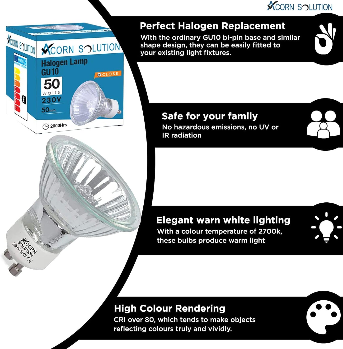 8 X ACORN Solution GU10 Halogenstrahler Glühbirnen  50W 230V  2800K warmweiß 8 stüks