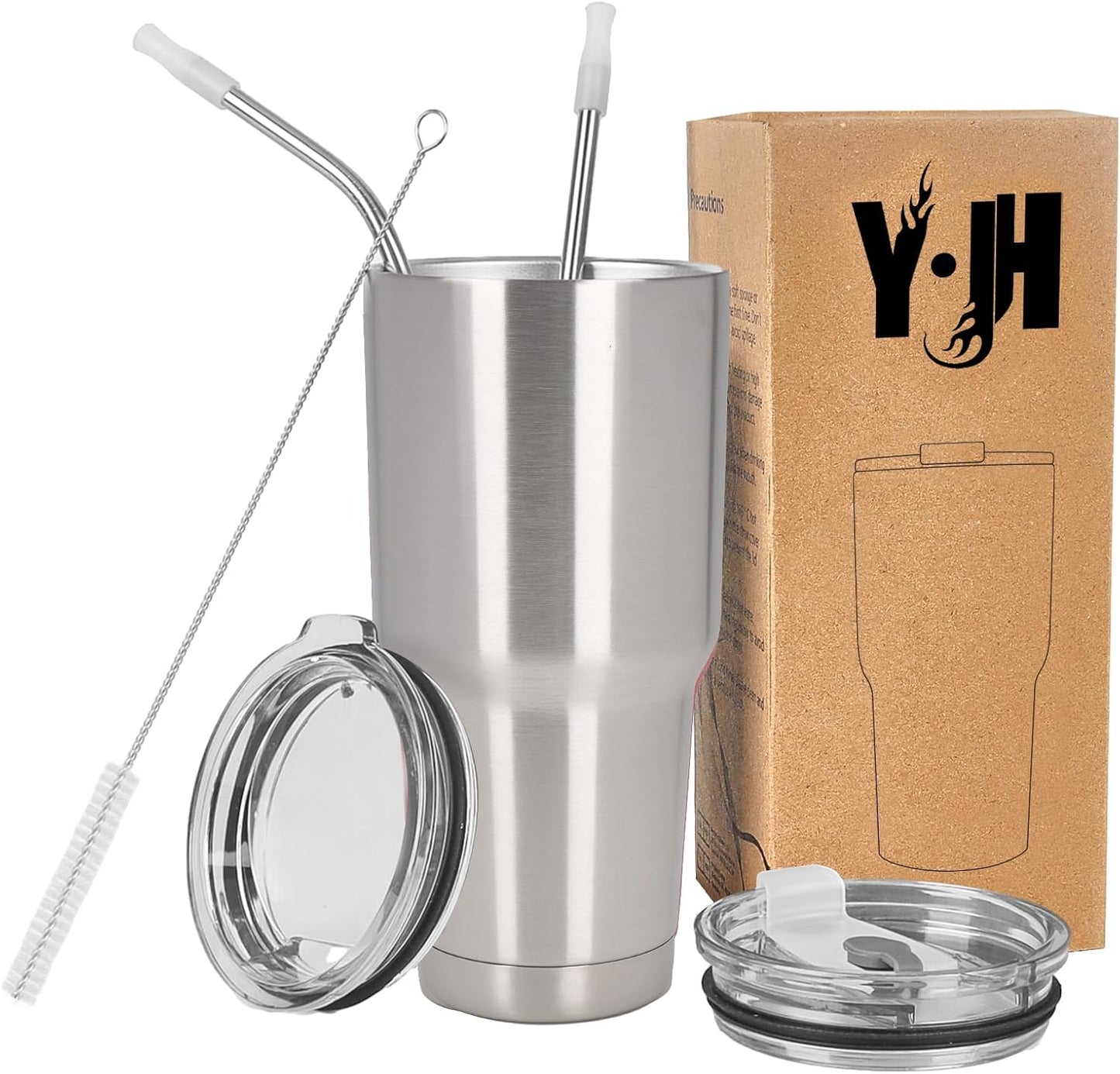 Y·J&H Doppelwandiger Vakuum Isolierbecher Autobecher Edelstahl Reiseflasche Thermobecher Coffee to go mit 2 Spritzwassergeschützten Deckeln 2 Strohhalmen Tubenbürste BPA Frei