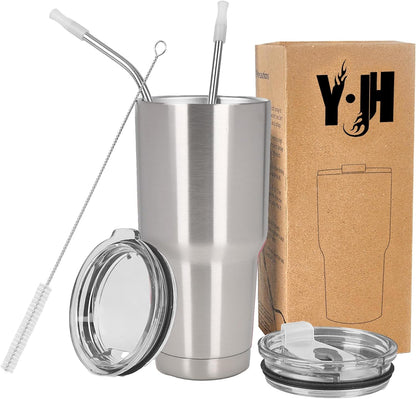 Y·J&H Doppelwandiger Vakuum Isolierbecher Autobecher Edelstahl Reiseflasche Thermobecher Coffee to go mit 2 Spritzwassergeschützten Deckeln 2 Strohhalmen Tubenbürste BPA Frei