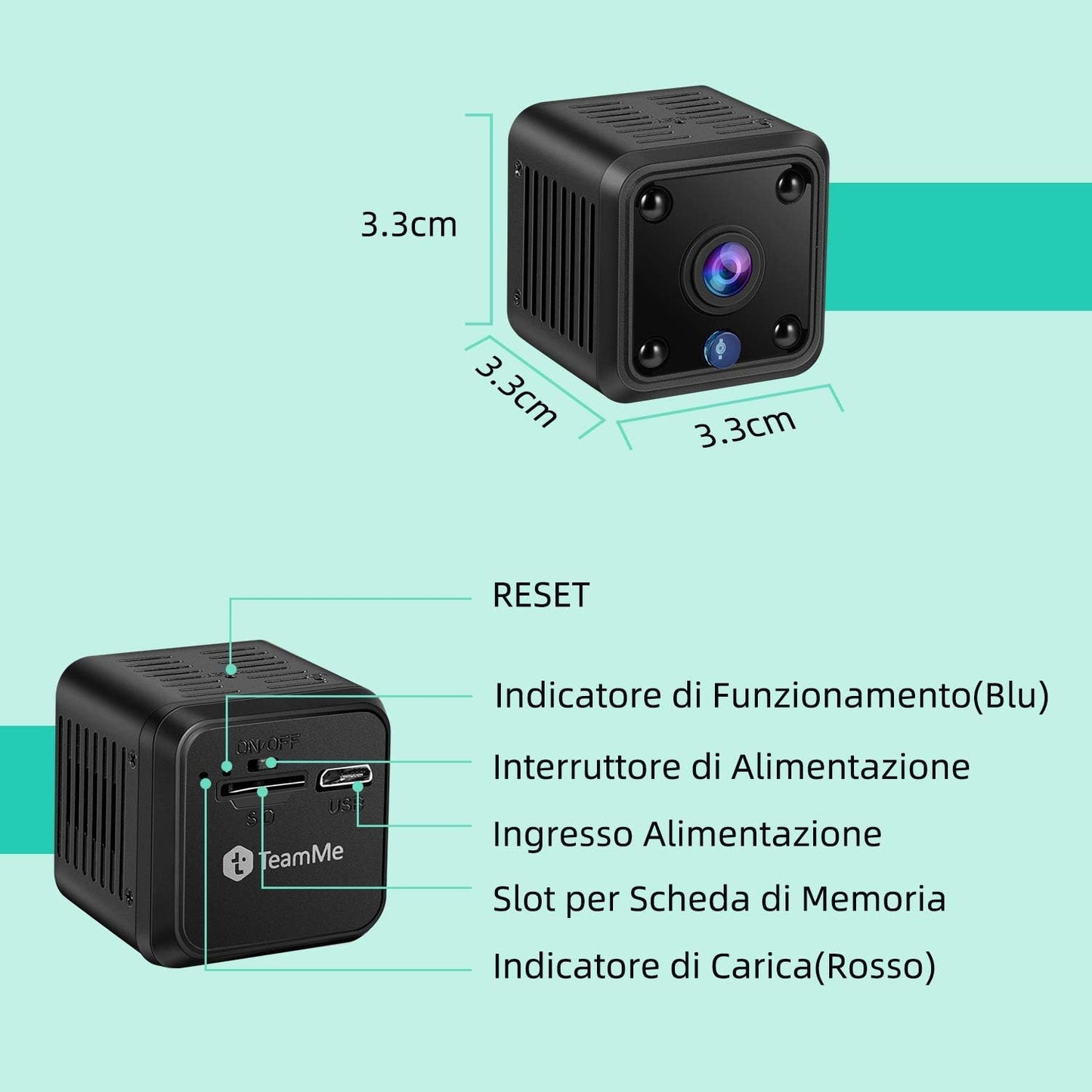 TeamMe Mini-Kamera 1080P HD WiFi IP-Kamera avec Wideraufladbarem Akku, Videoanrufkamera, Nanny-Übermonitorkamera pour l'intérieur et l'extérieur avec mouvement et vision nocturne, Fernzugriff, Zeitpläne, Schwarz