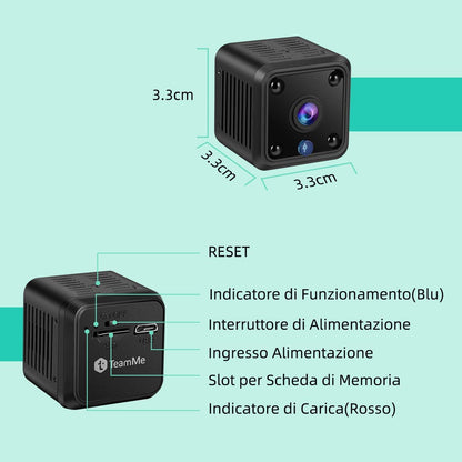 TeamMe Mini-Kamera 1080P HD WiFi IP-Kamera avec Wideraufladbarem Akku, Videoanrufkamera, Nanny-Übermonitorkamera pour l'intérieur et l'extérieur avec mouvement et vision nocturne, Fernzugriff, Zeitpläne, Schwarz