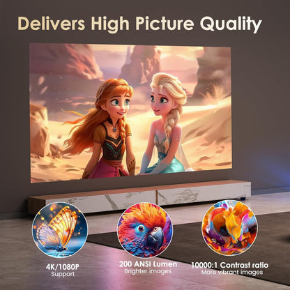 Mini Beamer Unterstützt FHD 4K 1080P, Projektor Tragbarer mit WiFi 6 und Bluetooth 5.4 Beamer Klein Kurzer Fokus 270° Drehen Auto Keystone Android 13.0 Kompatibel mit HDMI/TV Stick/Laptop/Memory Stick