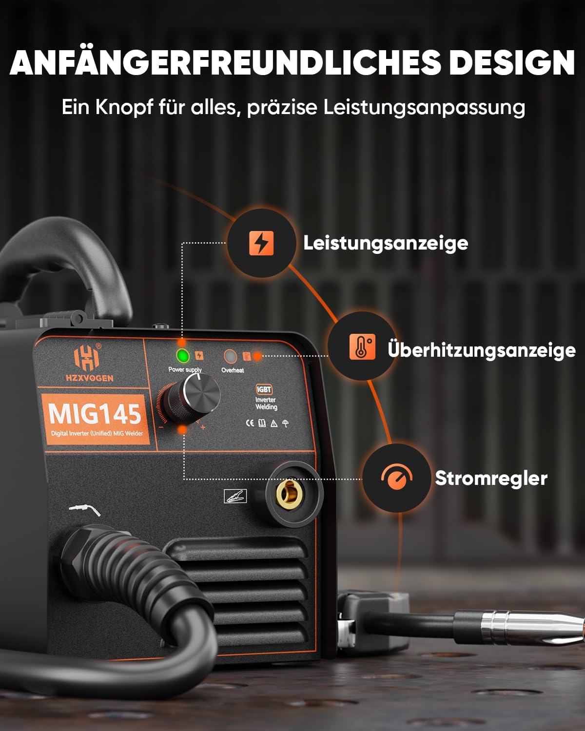 HZXVOGEN Fülldraht Schweißgerät ohne Gas, 145A Mini Schweissgerät mit Fülldraht, IGBT Inverter MIG Schweißgerät