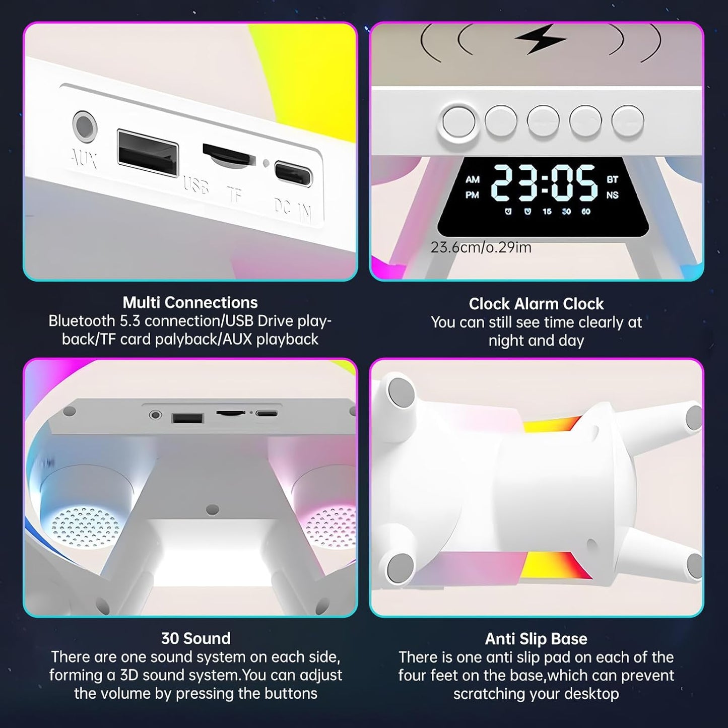 Atmosphärenlampe mit Kabellosem Ladegerät, 5 in 1 Kabelloses Laden Tischlampe,LED Nachttischlampe, Musik Alarm Clock,Dimmbar Nachtlicht, Bluetooth-Lautsprecher, für Büro, Schlafzimmer,Wohnzimmer [Energieklasse G]