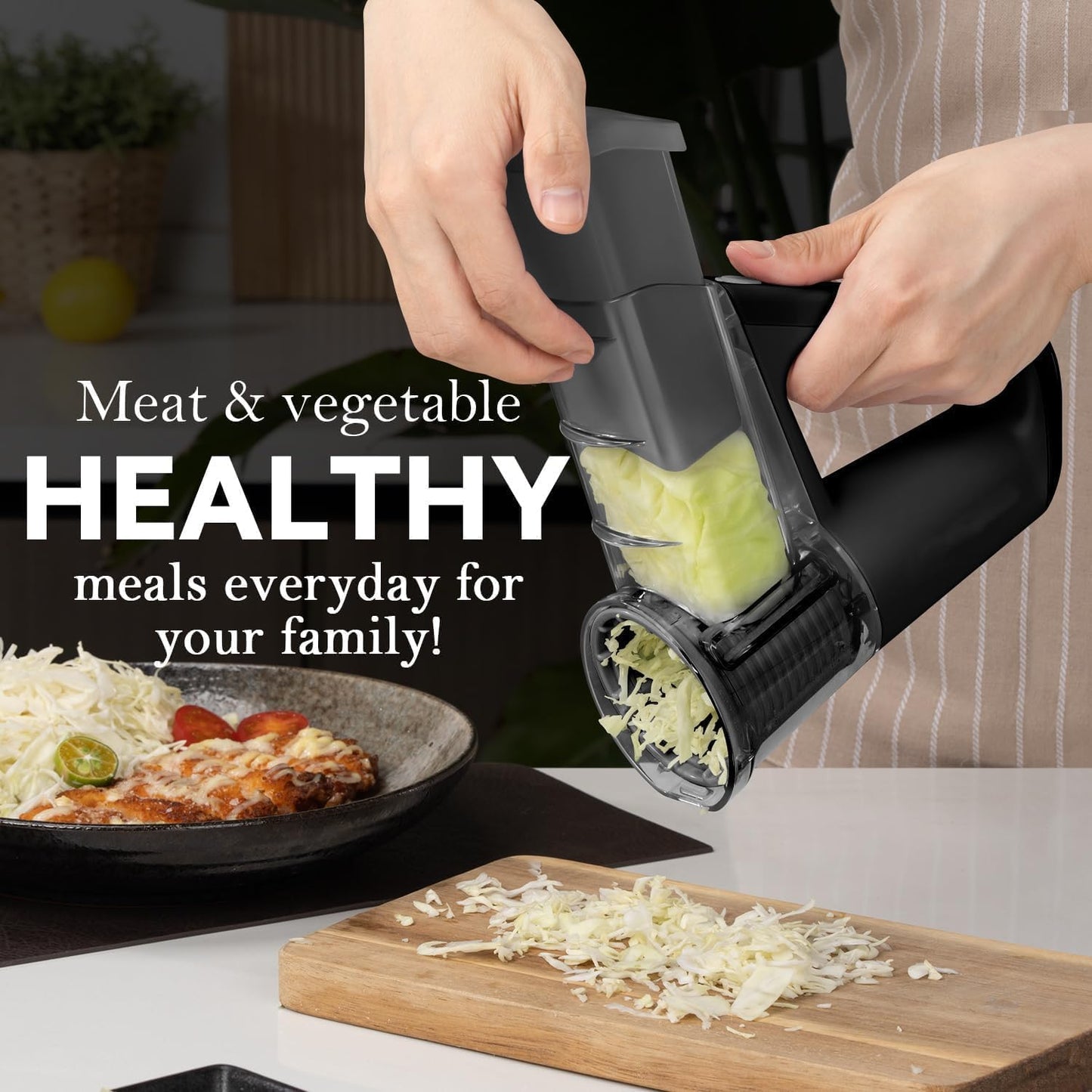 EASCANDY Elektrischer Gemüsehobel, Handkäsereibe, 5 in 1 Elektrische Reibe für Salatschneider, Hobel, Hobel, Schwarz