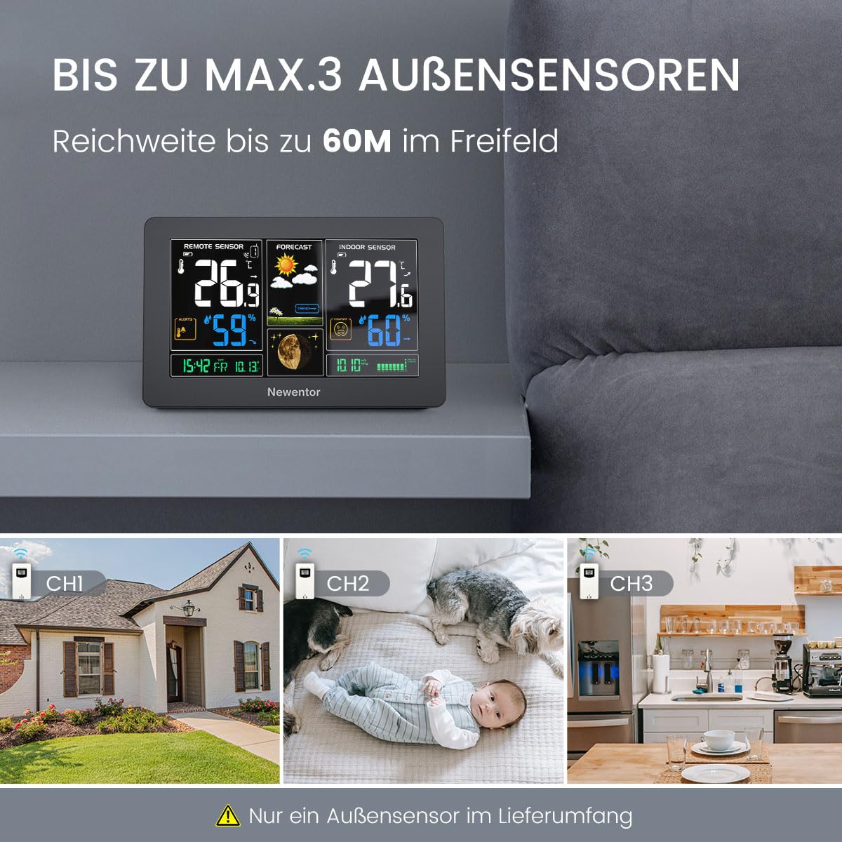 Newentor Wetterstation Funk mit Außensensor - Funkwetterstation mit Wettervorhersage, Temperaturwarnung, DCF Funkuhr - Batteriebetrieb und Netzbetrieb, Schwarz, 3 Außensensoren
