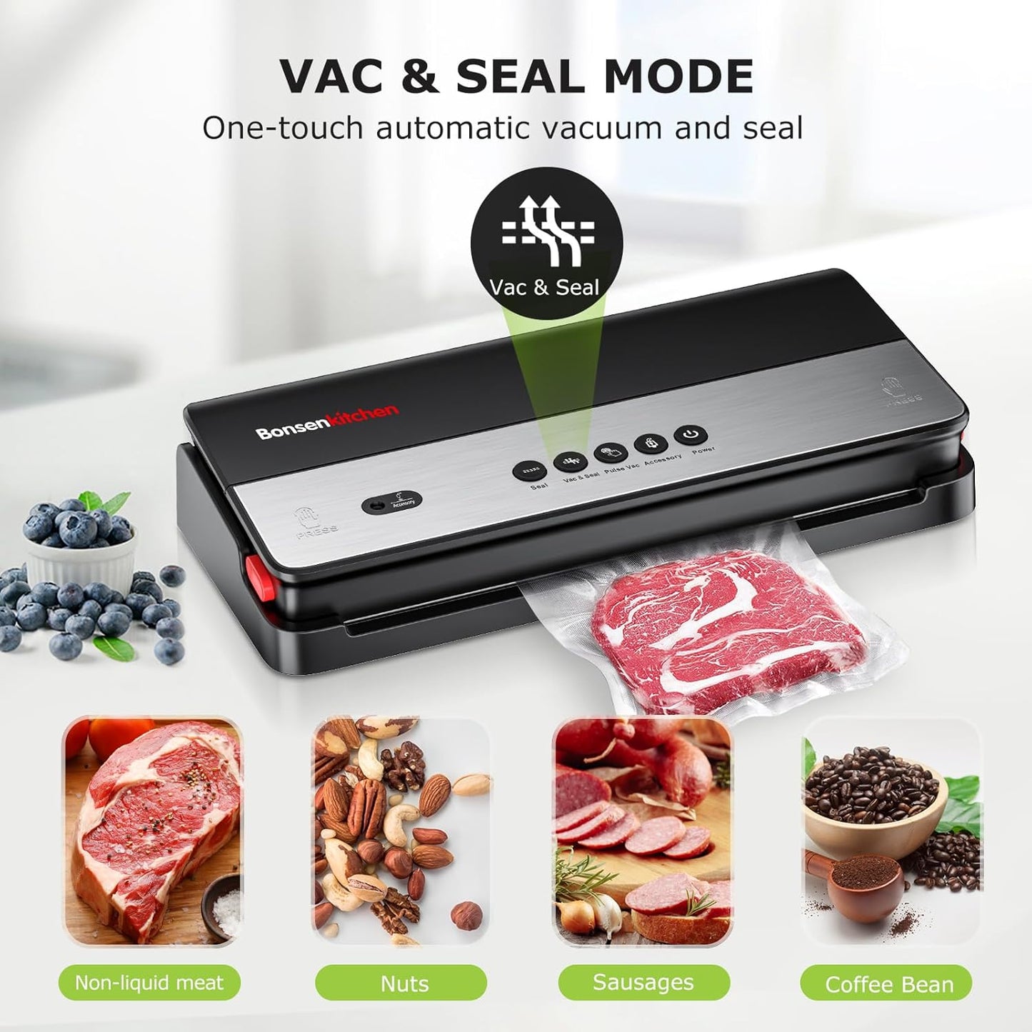 Bonsenkitchen Vakuumiergerät, Lebensmittelversiegelungsmaschine avec integriertem Schneider et Vakuum-Rollbeutel, abnehmbar, trockene et feuchte Lebensmittel, Fresh Konservierung VS3017 (noir)
