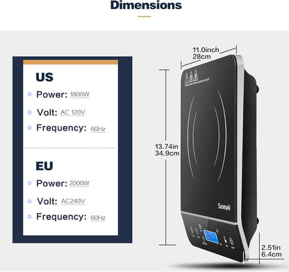 Tragbares Induktionskochfeld, Sunmaki 2000W Induktionsherd mit LCD-Sensor Touch, 10 Leistungsstufen und 10 Temperatureinstellungen, Touch-Bedienelemente, 4-Stunden-Timer, Schwarz