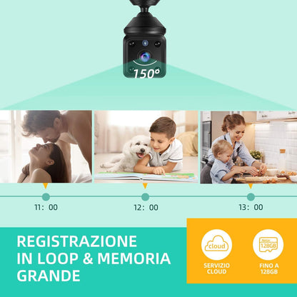 TeamMe Mini-Kamera 1080P HD WiFi IP-Kamera avec Wideraufladbarem Akku, Videoanrufkamera, Nanny-Übermonitorkamera pour l'intérieur et l'extérieur avec mouvement et vision nocturne, Fernzugriff, Zeitpläne, Schwarz