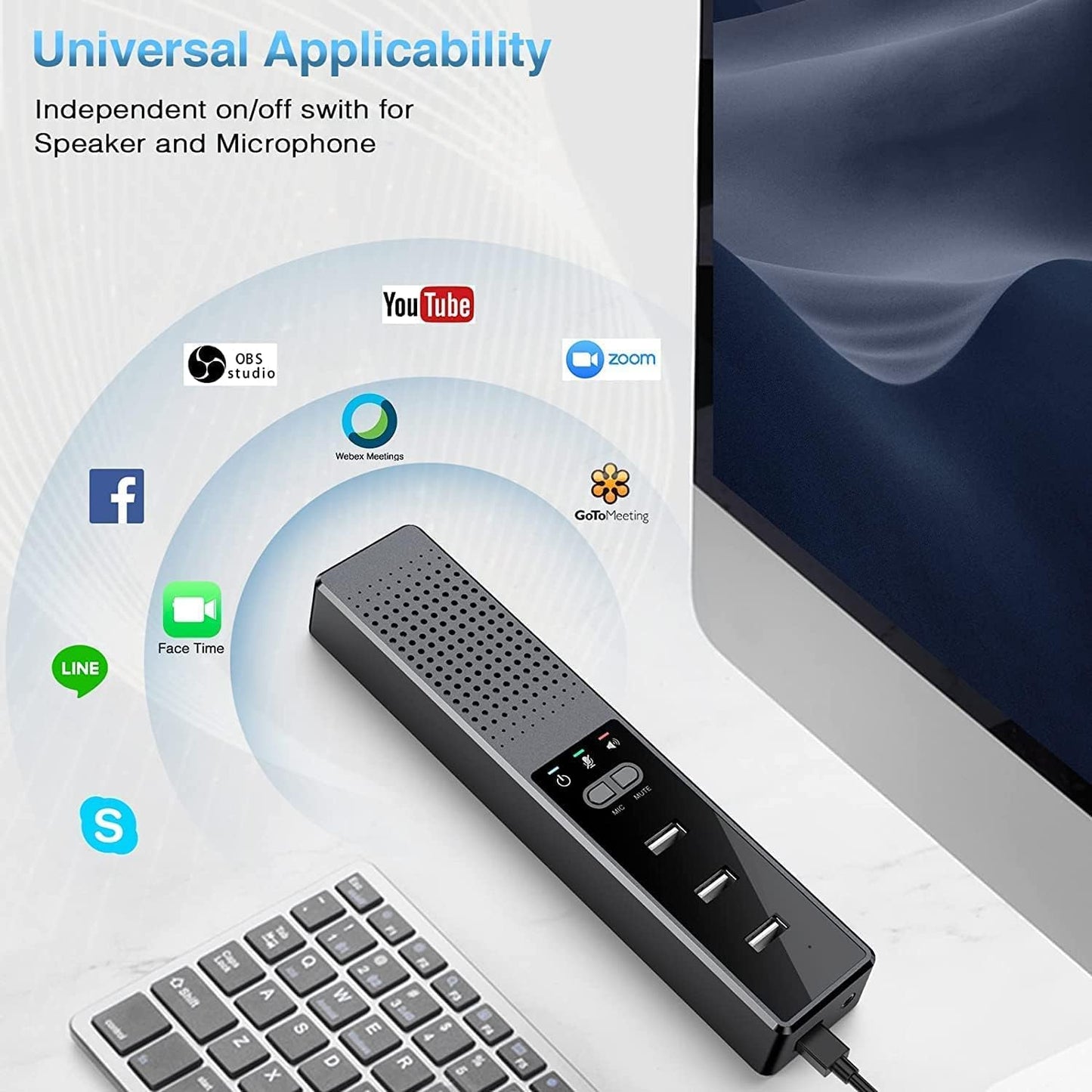 Haut-parleur d'ordinateur avec microphone, haut-parleur PC compatible USB JOYACCESS pour bureau à domicile intelligent et apprentissage en ligne, haut-parleur d'ordinateur 3 en 1 portable et externe avec hubs, Plug &amp; Play.