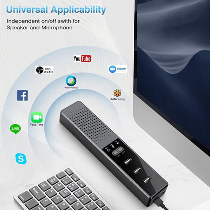 Haut-parleur d'ordinateur avec microphone, haut-parleur PC compatible USB JOYACCESS pour bureau à domicile intelligent et apprentissage en ligne, haut-parleur d'ordinateur 3 en 1 portable et externe avec hubs, Plug &amp; Play.